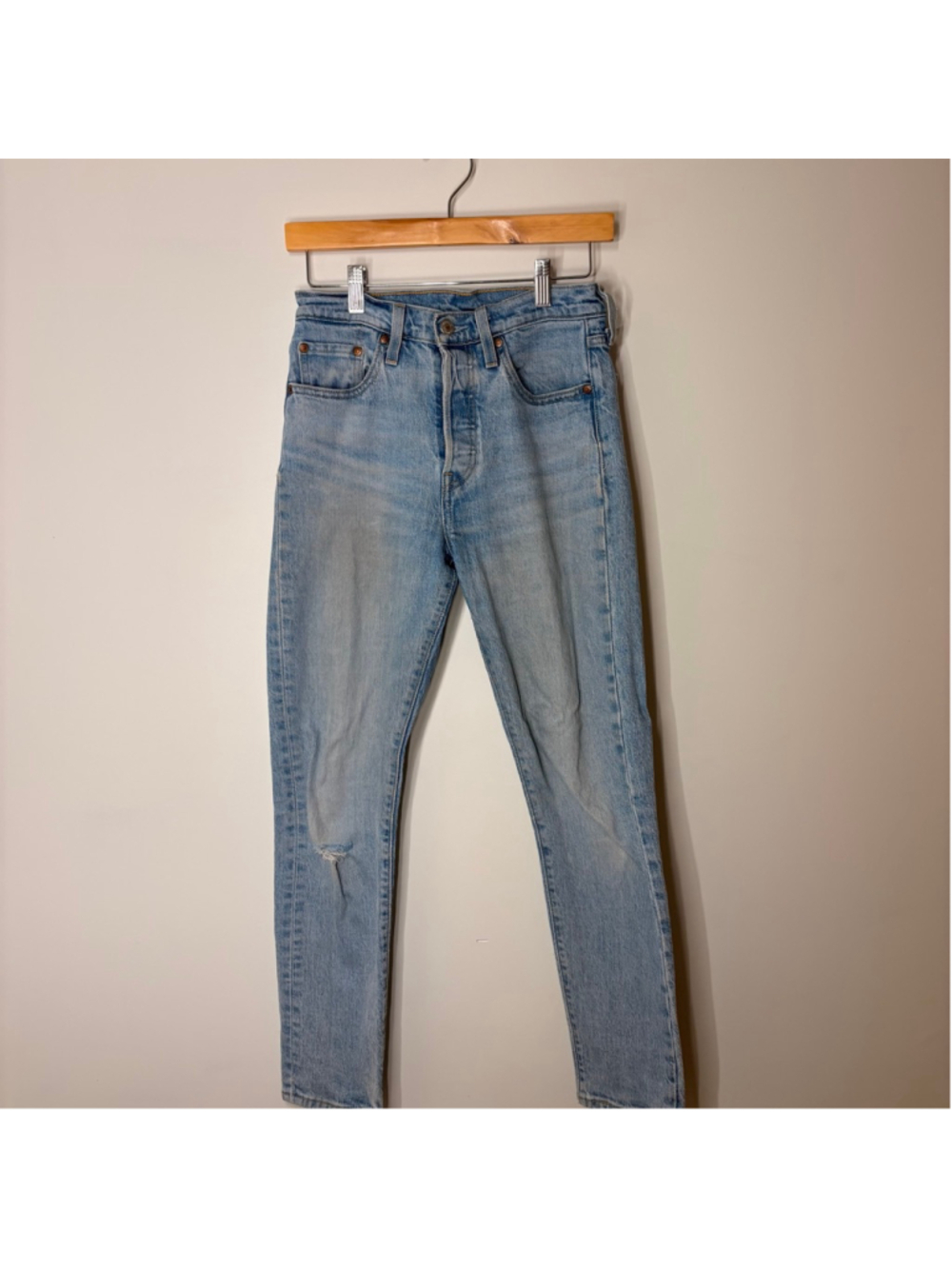 Levi's Premium 501s Skinny Jeans 26” Light Wash Denim Distressed Button Big E